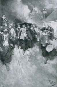 Bränningen av Jamestown, 1676, illustration från "kolonier och nation" av Woodrow Wilson, pub. i Harper