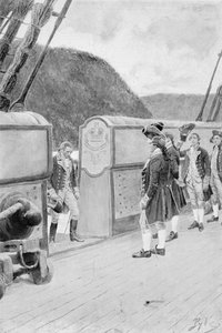 Flykten av Arnold på den brittiska Sloop-of-War "Vulture", illustration från "General Washington" av Woodrow Wilson, pub. i Harper