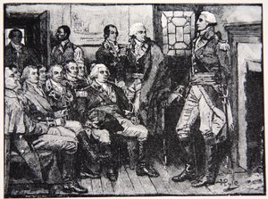 Washington och hans generaler i samråd, 15 mars 1783, illustration från Harper