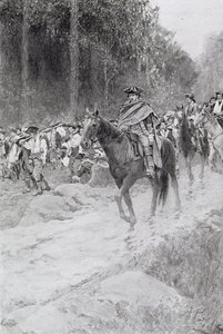 Washingtons reträtt från Great Meadows, illustration från "Colonel Washington" av Woodrow Wilson, publicerad i Harper