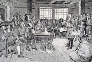 William Penn i konferens med kolonisterna, illustration från puben "The First Visit of William Penn to America". i Harper