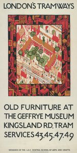 "Gamla möbler på Geffrye Museum", London County Council LCC Tramways affisch, 1924 av Howard Spear