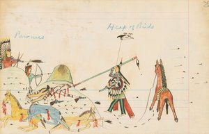 Pawnees and Heap of Birds, 1874-75 (penna, bläck och wc på huvudbokpapper)