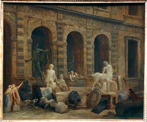 Antikens tecknare framför Louvrens Petite Galerie ... av Hubert (circle of) Robert