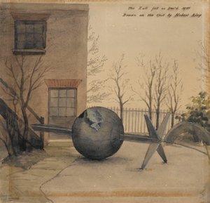Nedfallen tidskula på gården till Royal Observatory, Greenwich, december 1855 (akvarell) av Hubert Airy