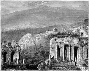 Etna och utsikt över Taormina, Sicilien, Italien, 1800-talet