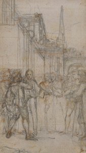 Litterär illustration: Man med svärd konfronterar en grupp figurer innan man bygger av Hubert Francois Gravelot