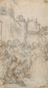 Litterär illustration med en grupp figurer som vädjar till människan av Hubert Francois Gravelot