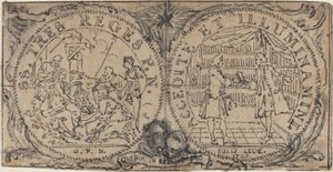 Prydnadsmedaljonger med tillbedjan av männen och två bibliofiler av Hubert Francois Gravelot