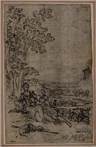 Studie till vinjett i Fontanelles (attr.) "Les Amours de Mirtil", Canto I av Hubert Francois Gravelot