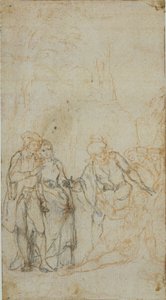 Oidentifierad litterär illustration med en grupp figurer som omger liggande figur i landskapet av Hubert Francois Gravelot
