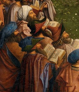 Detail der Anbetung des mystischen Lammes, untere Hälfte des zentralen Panels des Genter Altars von Hubert & Jan van (1390-1441) Eyck