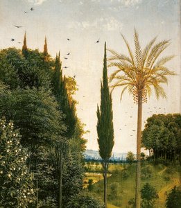 聖クリストファーに導かれた巡礼者の詳細、ヘントの祭壇画スウェーデン語の右側から av Hubert & Jan van (1390 1441) Eyck