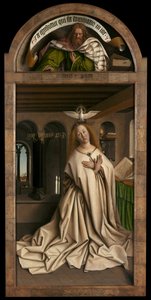 Lunette: Der Prophet Micha. Unteres Panel: Jungfrau Maria, von der Außenseite des rechten Panels des Genter Altars