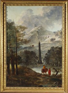 Ett bergigt landskap med en obelisk av Hubert Robert