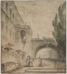 Ett palats med en välvd bro En romersk villa, 1760. av Hubert Robert