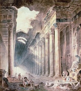 En termisk pelarbyggnad, taket delvis öppet mot himlen, med flickor som tvättar kläder (akvarell, penna, bläck) av Hubert Robert