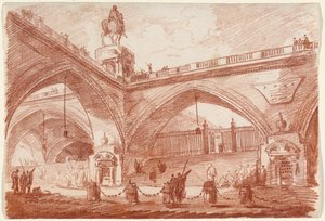 Arkitektonisk fantasi med en triumfbro, ca 1760 (rödkrita på papper)
