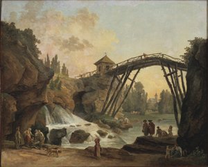 Konstnär som ritar träbron i parken vid Méréville, c.1790 av Hubert Robert
