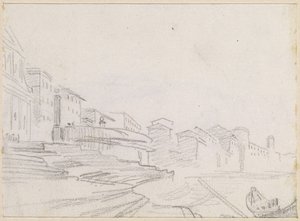 Byggnader längs en flodsida [verso] av Hubert Robert