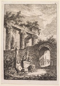Kvällar i Rom: Statyn framför ruiner av Hubert Robert