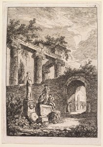 Kvällar i Rom: Statyn framför ruiner, 1763-1764. av Hubert Robert