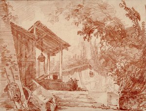 Gårdsplan med två personer vid en brunn och en stor skottkärra i förgrunden av Hubert Robert