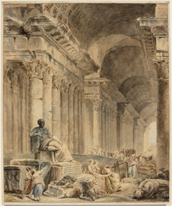 Välvd kolonnad med antik sittande staty av Hubert Robert