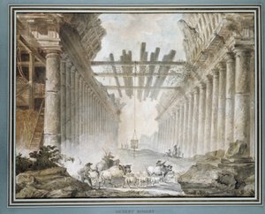 Flock i ruinerna av ett rittempel (olja på duk) av Hubert Robert
