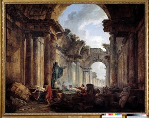 Fantasifull utsikt över Grand Galerie du Louvren i ruiner Målning av Hubert Robert (1733-1808) Sön. 1,14x1,46 m. av Hubert Robert