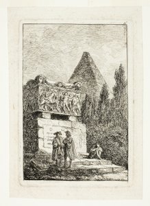 Landskap med pyramid och sarkofag, plansch sex från Les Soirées de Rome av Hubert Robert