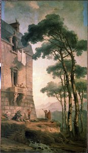 Musikerna. En trupp artister bestående av musiker och en björntränare letar under balkongen till ett medelklasshus. Målning av Hubert Robert (1733-1808), olja på duk, fransk konst. Statens friluftsmuseum Peterhof, Sankt Petersburg av Hubert Robert
