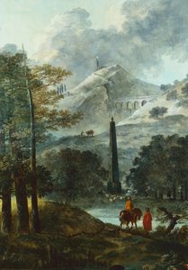 Bergigt landskap med en obelisque (olja på duk) av Hubert Robert