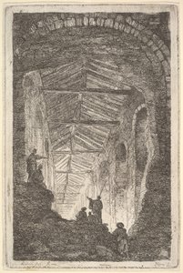 Tavla 10: The Ancient Gallery: ett stort täckt galleri, ljus som kommer in från bak..., ca. 1763-64. av Hubert Robert