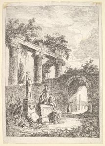 Plåt 3: Statyn före ruinerna: en staty till vänster bredvid tre figurer på en p..., ca. 1763-64. av Hubert Robert