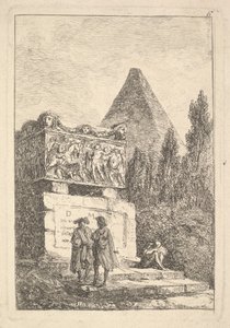 Plåt 6: Sarkofagen: två män som samtalar till vänster, en annan man sitter och sover..., ca. 1763-64. av Hubert Robert