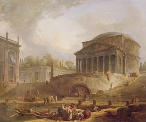 Porto di Ripetta i Rom, med Pantheon, arkitektonisk tablå, 1766 av Hubert Robert