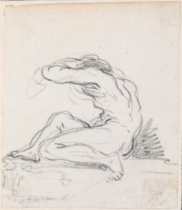 Sittande man naken med arm över huvudet, sett från sidan av Hubert Robert