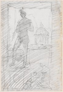 Staty av en naken före en fönstervy av Hubert Robert