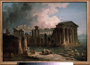 Ett tempel omger av vatten. Målning av Hubert Robert (1733-1808), olja på duk, cirka 1780, fransk konst. State A. Pushkin Museum of Fine Arts, Moskva. av Hubert Robert
