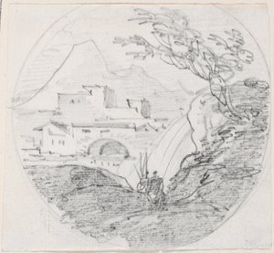Utsikt från en ås till en by och det avlägsna berget av Hubert Robert
