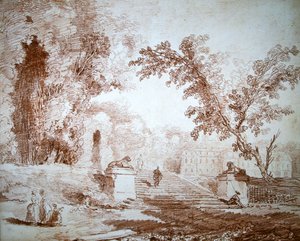 Utsikt över en trädgård med terrass (röd krita på papper) av Hubert Robert