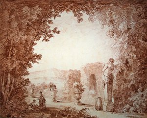 Utsikt över en trädgård med statyer (röd krita på papper) av Hubert Robert