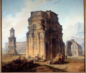 Utsikt över Triumfbågen och teatern för apelsinmålning av Hubert Robert (1733-1808) 1700-talssön. 2,42x2,42 m av Hubert Robert