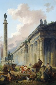 Imaginärt romerskt landskap med ryttarstaty av Marcus Aurelius, Trajanuskolonn och tempel. av Hubert Robert