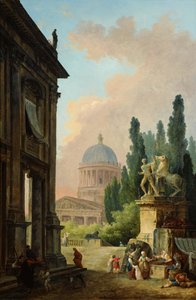 Ett fantasifullt romerskt landskap med utsikt över kolossen och katedralen i Monte Cavallo av Hubert Robert