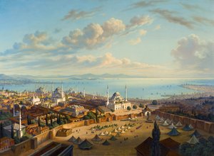 ""Utsikt över Konstantinopel från tornet i Serasker (Bayezid eller Seraskier)"" (Konstantinopel från brandtornet i Beyazit) Målning av Hubert Sattler (1817-1904) Olja på duk, 74x101,5 - Privat samling