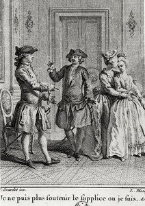 Jag kan inte stå ut med plågorna här längre där jag är, illustration för Eugenie av Beaumarchais, graverad av Louis Joseph Masquelier (1741-1811) av Hubert after Gravelot