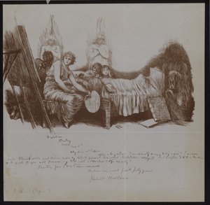 Scen av en dödsbädd med barn och allegoriska figurer inklusive och konstnär med staffli av Hubert von Herkomer