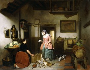 Interiör av ett skafferi med städspel för kvinnor, 1852
